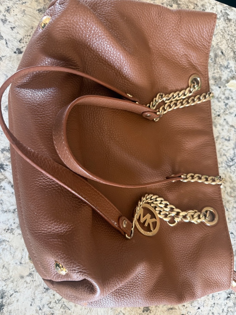 Michael Kors Cognac Pebbled Leather Tote with Gold Chain Trim Read